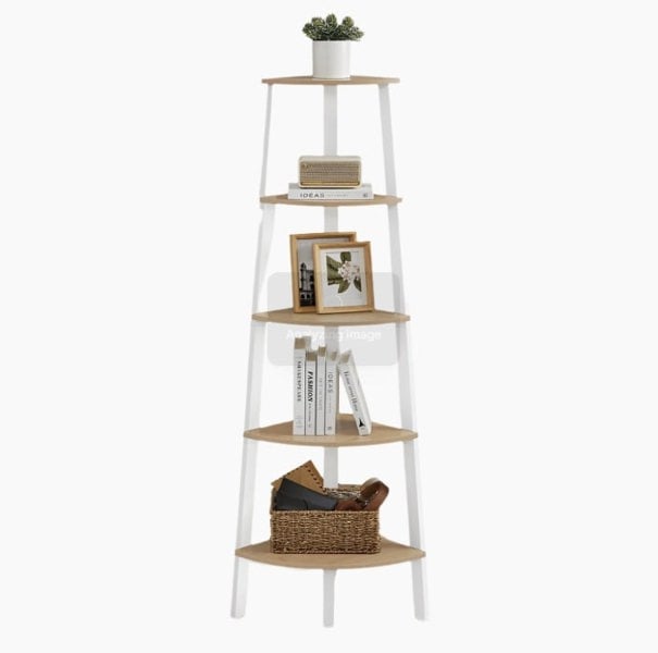 Modcraft 5-Tier Corner Shelf Unit, Oak & White Ladder Shelf for Living Room or Bedroom