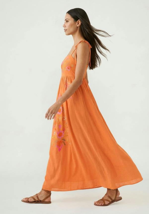 Raffya Furla Smocked Panel Embroidered Midi Dress In Coral