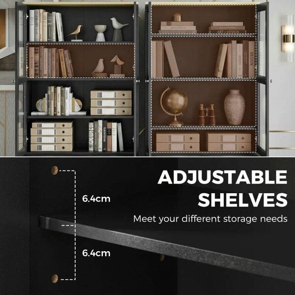 Modern Bookcase Display Storage Unit with Glass Doors Adjustable Shelves, Black