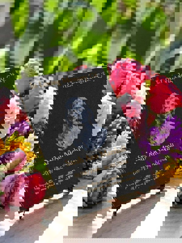 Memorials Direct Granite Memorial Etched Portrait Plaque, Add a Portrait, Personalised Text and Stand Included