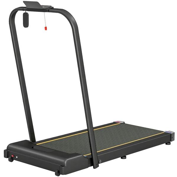 Folding walking pad treadmill with control buttons, dark gray frame and running deck