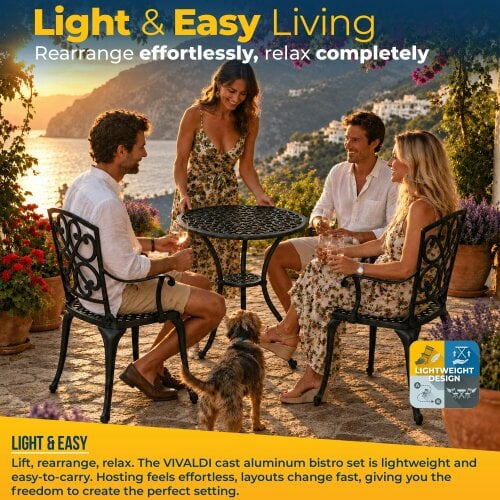 Homeology VIVALDI Black 5-Piece Cast Aluminium Garden Bistro Set- Rust-Proof Round Table with Parasol Hole & 4 Large Armchairs- Baroque Design