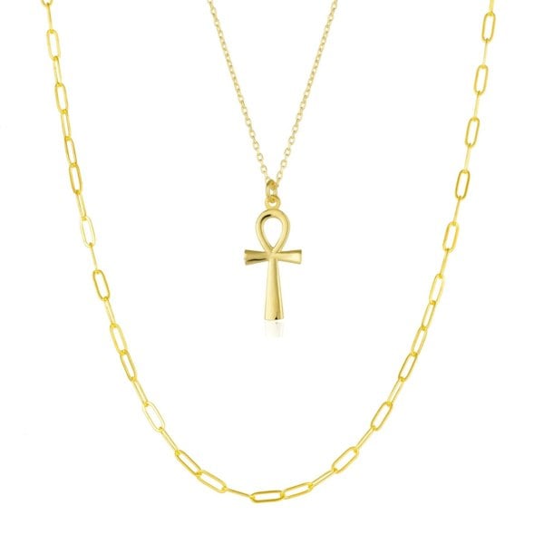 Spero London Sterling Silver Egyptian Ankh and Large Rectangular Chain Stacking Necklace Set