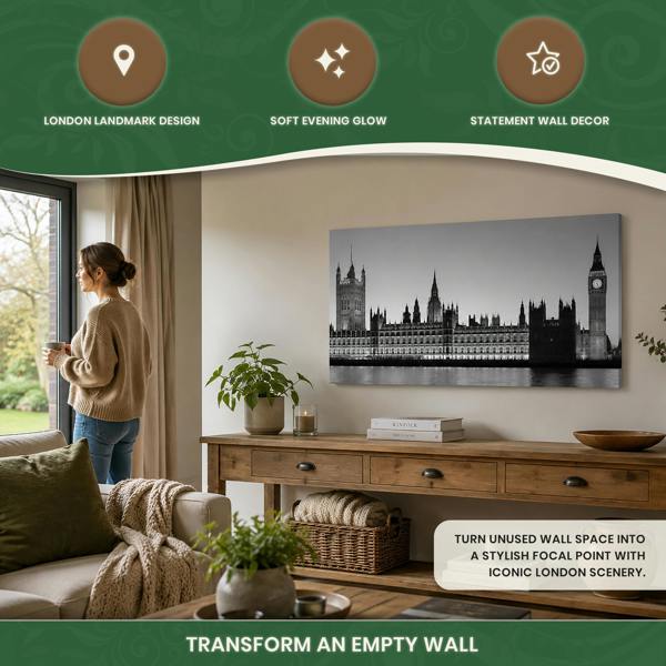 Big Ben LED Canvas Wall Art – London Parliament Print with 15 Lights, Stretched Wooden Frame, 100 × 60 cm