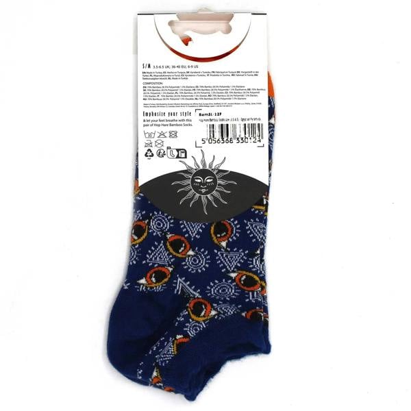 Navy low-cut crew sock with orange patterned motifs on toe and cuff