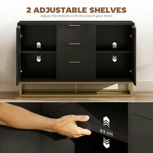 Wyld Haus Varase Black Sideboard 3 Drawers 2 Doors Gold Accents