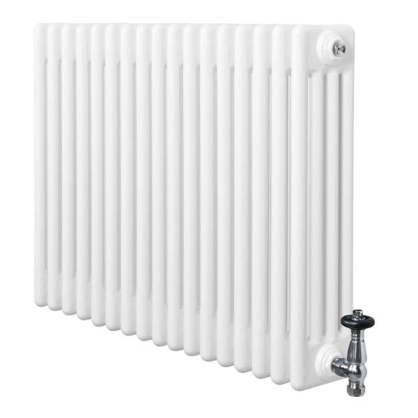 Traditional white 4 column radiator with a glossy finish, featuring a chrome valve, ideal for classic home heating solutions
