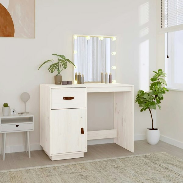 Berkfield Dressing Table with LED White 95x50x133.5 cm Solid Wood Pine