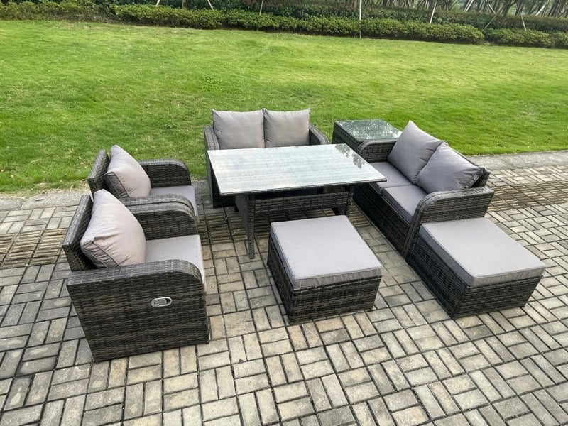 Fimous 8 Seater Grey Rattan Outdoor Lounge Set - Rectangular Table, Reclining Chairs & 2 Stools