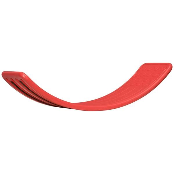 Red curved wobble balance board with textured grip surface and anti-slip base strips