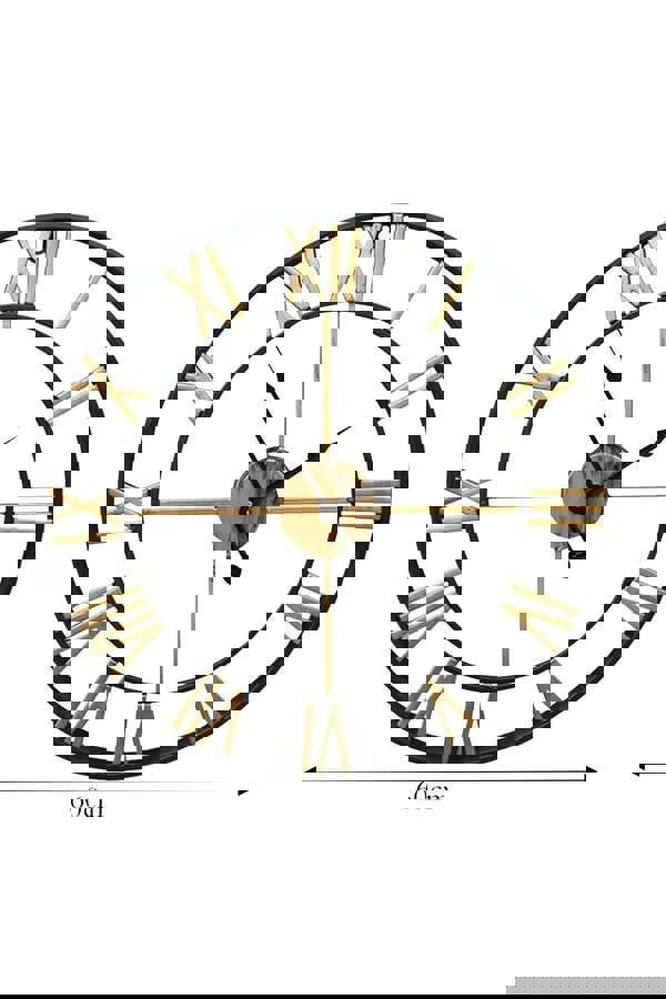 Living and Home 60cm Dia Retro Industrial Style Gold Roman Numerals Black Frame Hollow Metal Wall Clock