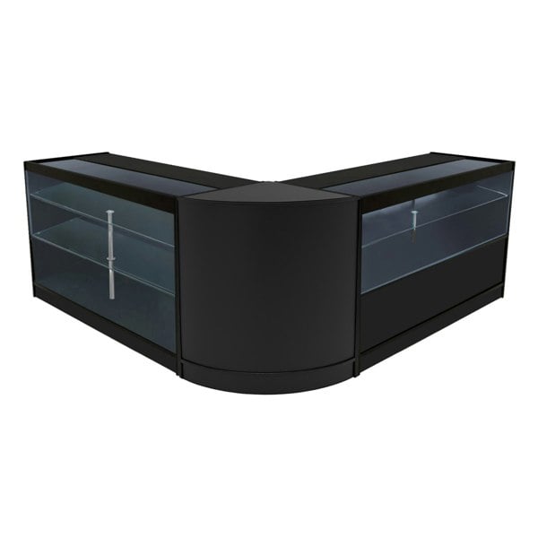 Hera LED Shop Counter Set in sleek black, featuring glass display shelves and a modern curved design for retail spaces