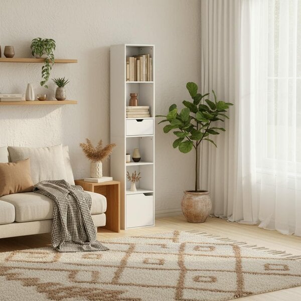 Wyld Haus Kesura Wooden White Tall Narrow 6 Tier Bookcase With Drawer And Door