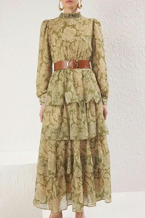 WOVCOR Stand Collar Patterned Lined Chiffon Woven Dress with Belt