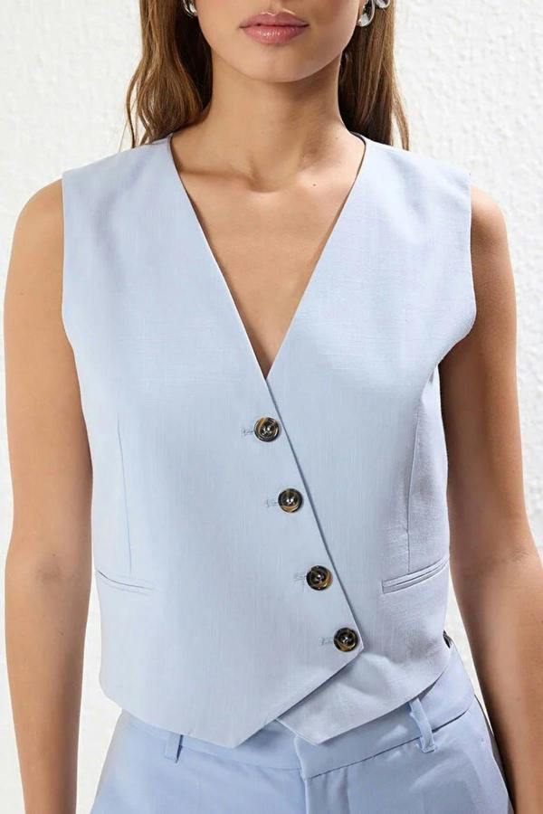 WOVCOR Crop Woven Linen Look Vest with Button Detail