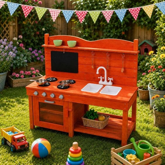 Neo Red Wooden Outdoor Mud Kitchen Kids Garden Play Double Sink
