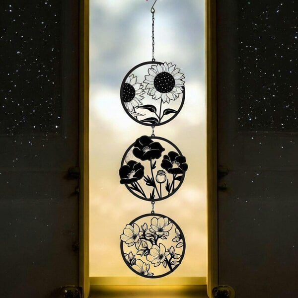 EDH Door Hardware Black Floral Silhouette Hanging Trio Spinner – 60cm x 15cm | Metal Kinetic Wind Spinner for Garden & Home