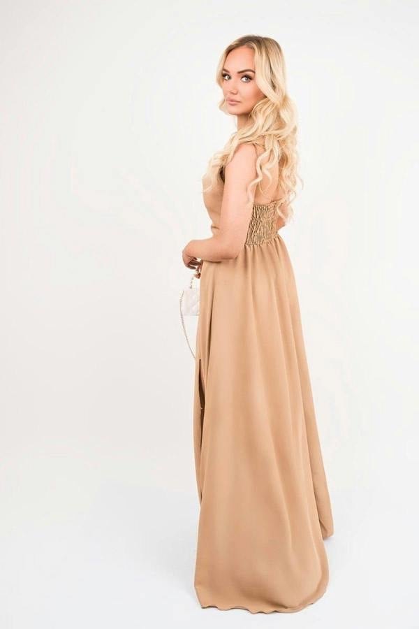 Adina Cowl Neck Tie Strap Maxi Dress With Thigh Split - Camel