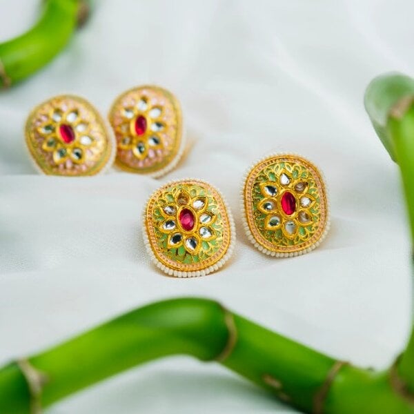 The Colourful Aura Pink Floral Indian Meenakari Enamel Kundan Stone Studs Ethnic Earrings