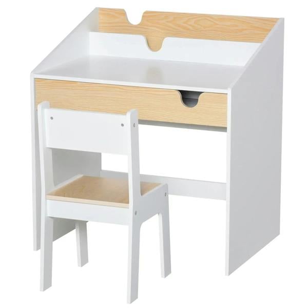 White kids desk and chair set with light wood top, pull-out drawer, and open shelf