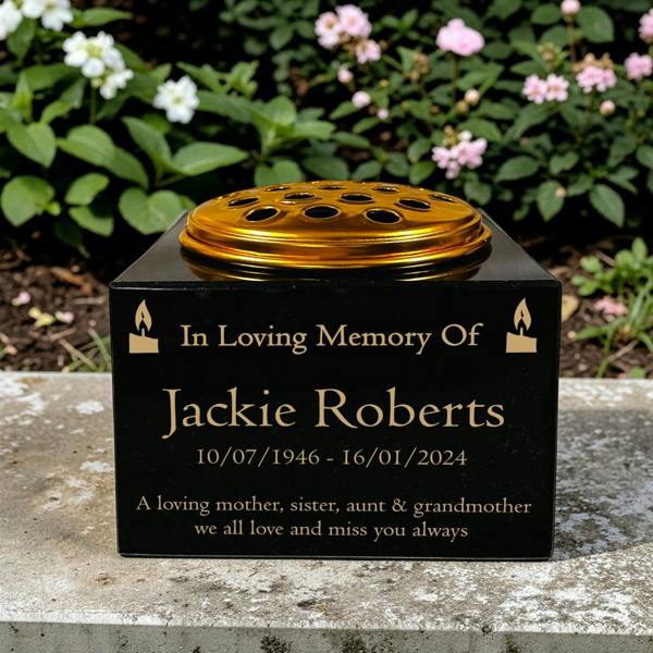Memorials Direct Granite Memorial Vase with Candle Design, Free Personalised Gold Engraving, Solid Granite 6 x 6 x 4 Inches