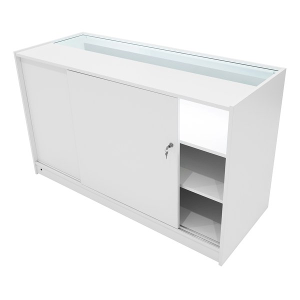 White Aries LED shop counter set featuring sliding doors, glass display top, and spacious interior shelves for organized storage