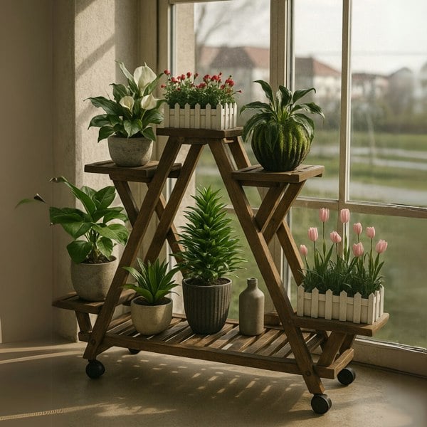 BMBO 6 Tier Wooden Plant Stand With Lockable Wheels
