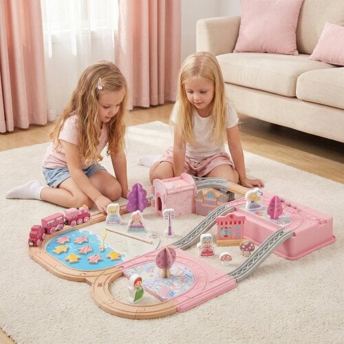 AIYAPLAY Wooden Train Set, Castle Railway Toy Gift for Girls Ages 36M+