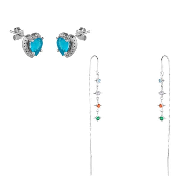 Spero London Multicolour Star Drop Sterling Silver Chain Threader Earrings and Heart of Ocean Earrings- Pair