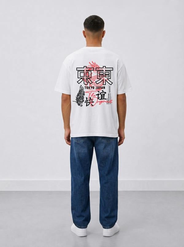 London Attitude Tokyo Dragon Oversized Heavyweight Cotton White T-Shirt