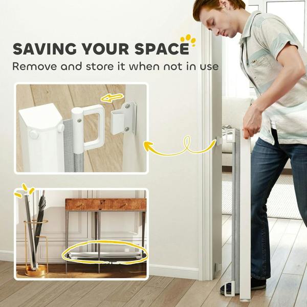 Retractable pet safety gate wall mount and compact storage housing