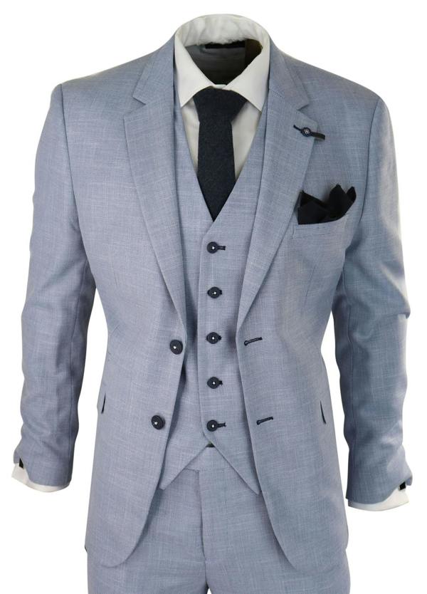 House of Cavani Mens 3 Piece Linen Suit Light Blue Summer Tailored Fit Wedding Prom Classic Suit