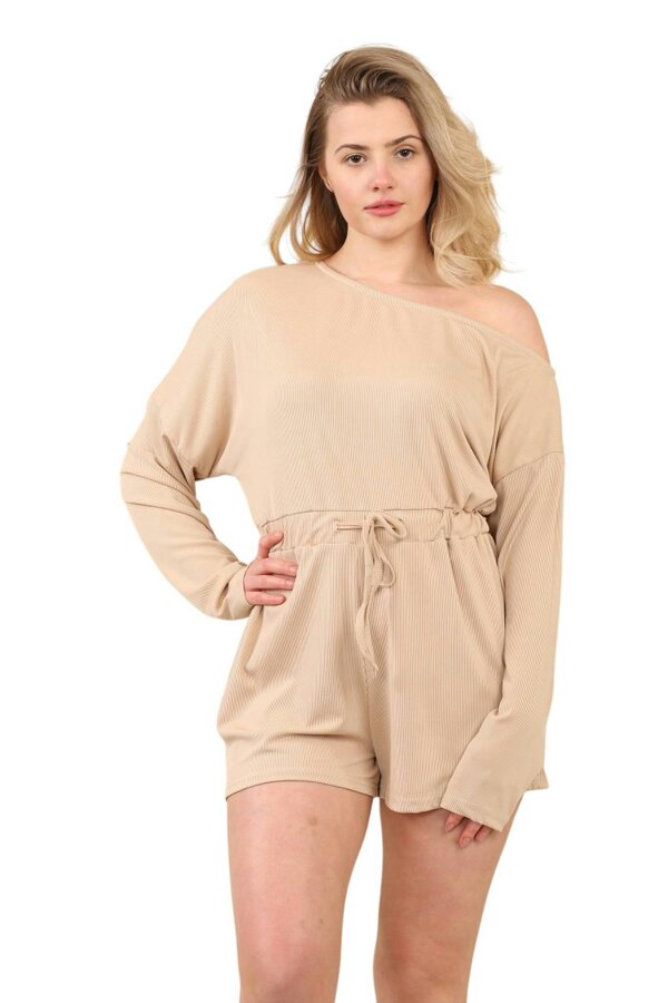 Beige Long Sleeve Drawstring Ribbed Playsuit