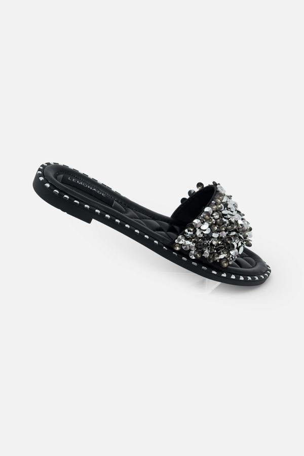 Crystal Clustered Sliders Black Diamond, capturing rounded-Toe Design