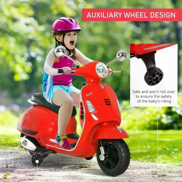 Red 6V ride-on motorcycle scooter with child, auxiliary wheel design and chrome headlight