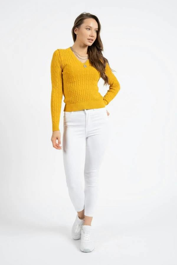 Hoxton Gal V-Neck Knit Sweater with Woven Pattern – Mustard