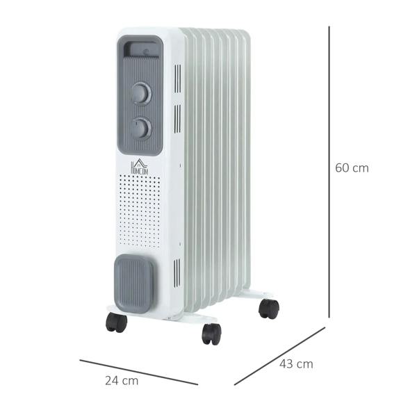 White oil-filled radiator heater with 9 fins and front control panel, on caster wheels.