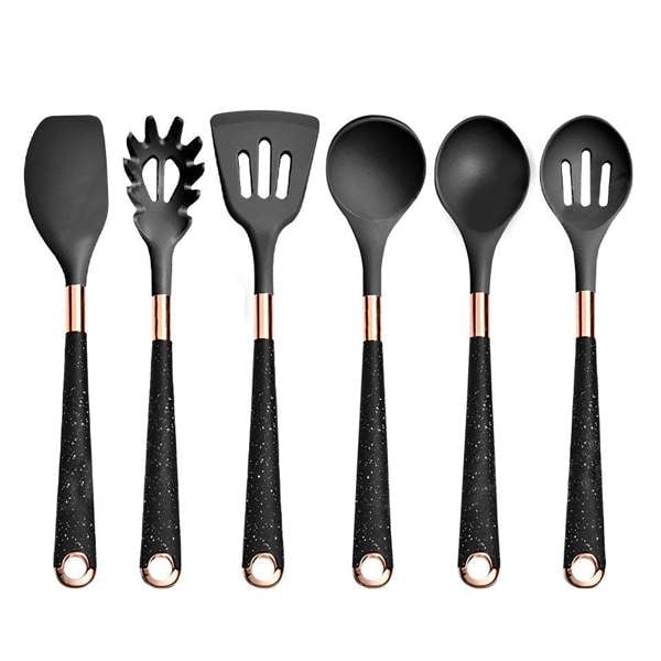 Anygleam Kitchen Utensils Non-stick Black 6 Set Gold Plated Handle with Support Point Cooking Tool Accessories Heat Resistant Kitchenware