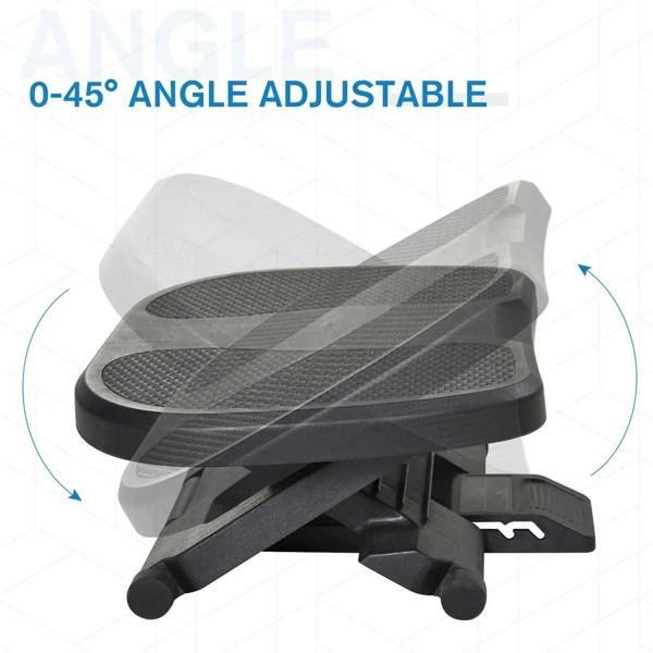 Black under-desk footrest with adjustable tilt and textured foot platform.