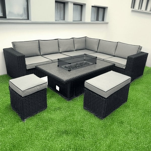 Furnishings For Less L Shaped 9 Seater Black Rattan Patio Set With Fire Pit Table