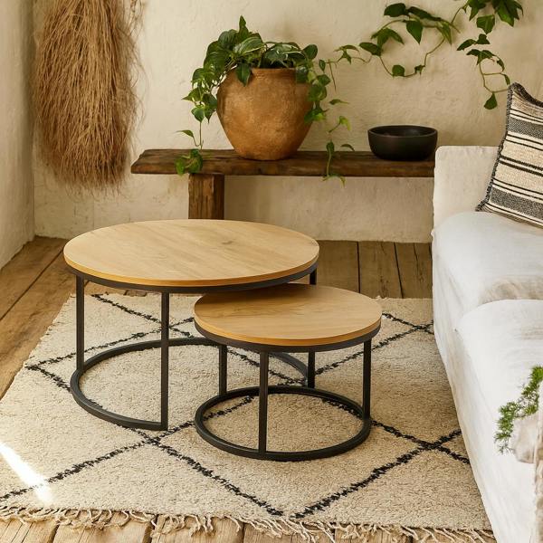Wyld Haus Odense Wild Oak Effect Round Nesting Coffee Table Set Black Metal Legs