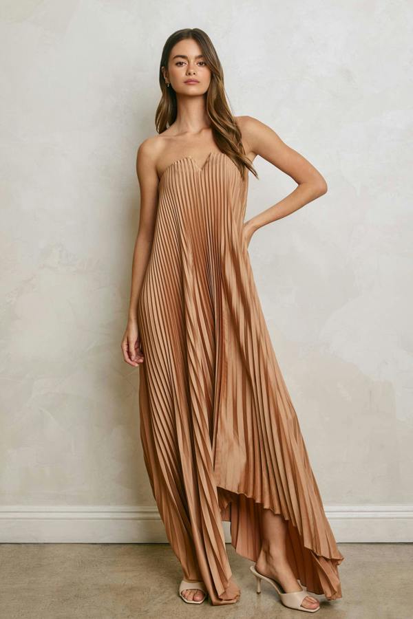 BALOU Womens Satin Pleated Maxi Dress