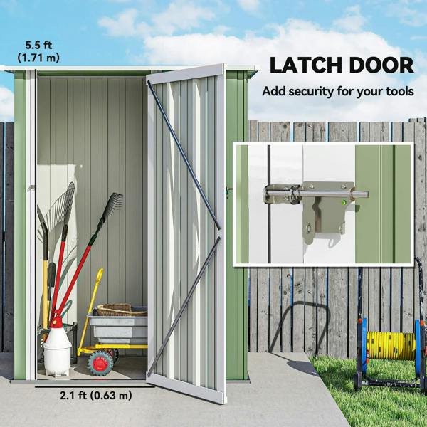Green metal garden shed with latch door and interior storage for tools