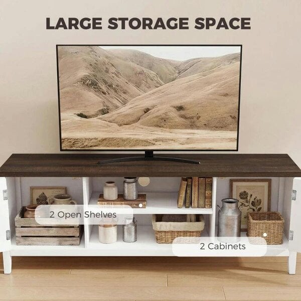 TV Unit for TVs up to 42 Inch, Farmhouse Entertainment Centre with 2 Open Shelves, 2 Cabinets and Thick Top