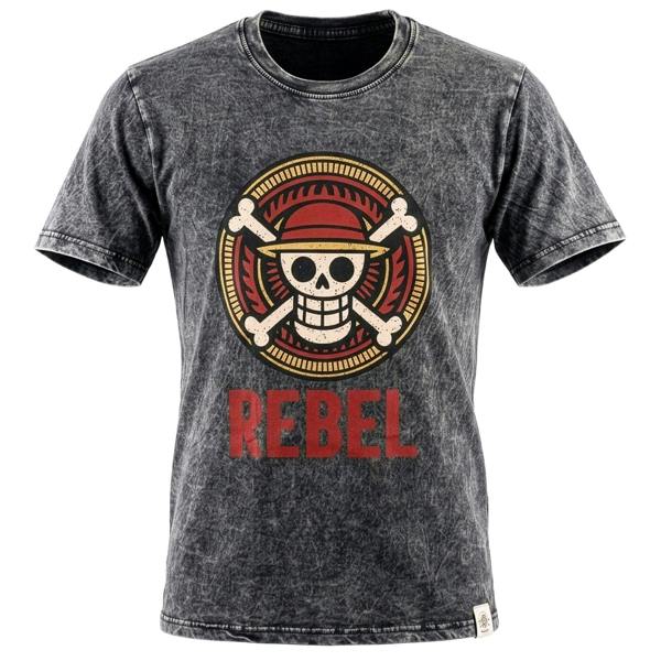 Charcoal stonewashed cotton T-shirt with Rebel skull emblem and REBEL lettering