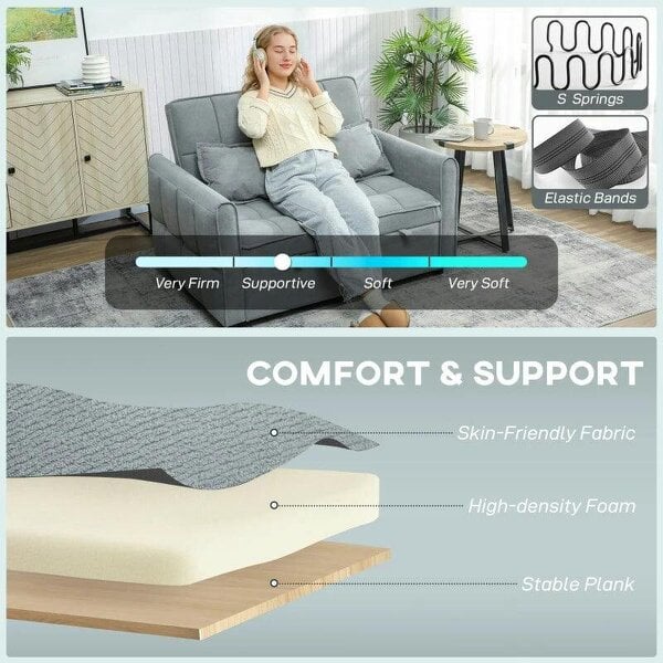 2 Seater Sofa Bed, 3-in-1 Convertible Sleeper Sofa with Click-clack Adjustable Backrest and 2 Pillows, Grey
