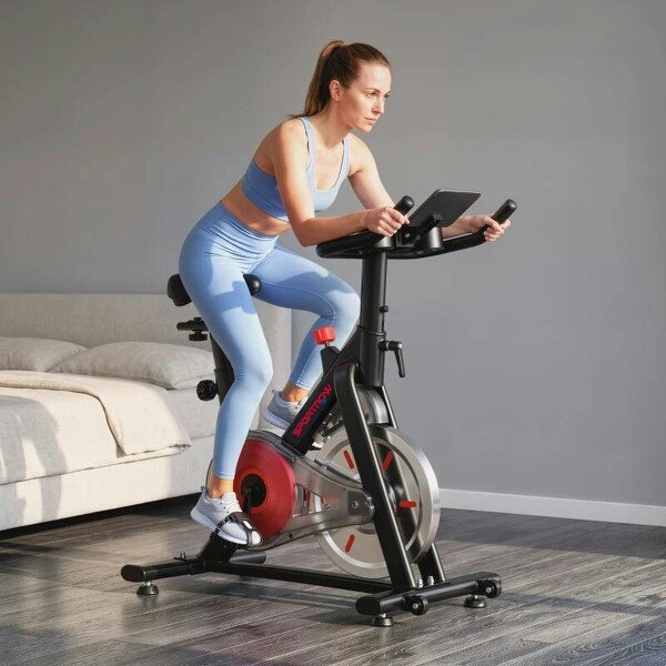 Exercise Bike for Home Gym with Smart APP, Magnetic Resistance, Adjustable Seat & Handlebars, LCD Display, Wheels