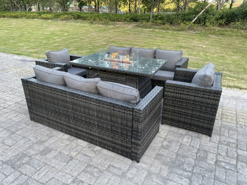 Fimous Outdoor 8 Seater Rattan Lounge & Dining Set | Gas Fire Pit Table & Heater, Chairs - Dark Grey