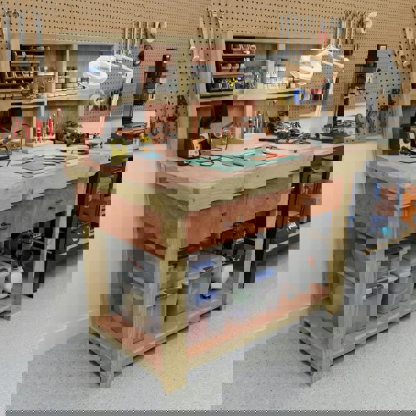 Wooden eucalyptus Top Workbench – Durable Tool Cabinet with Drawers and Back Panel, Ideal for Dry Indoor Spaces Such as Garages, Workshops, and Studios.