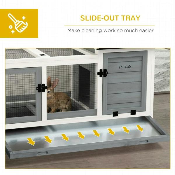 Grey rabbit hutch with slide-out tray base, wire mesh enclosure, and lockable front door